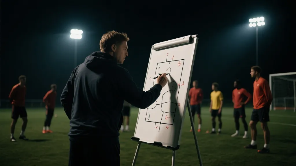 教练在战术板前推演阵容，球员在灯光下热身的氛围场景
